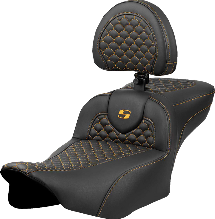 Saddlemen Roadsofa Extended Reach Seat - Dragon Scale Stitch - Gold Stitch - W/ Backrest - Fltr/Flhx '23-'24 823-07-209B7