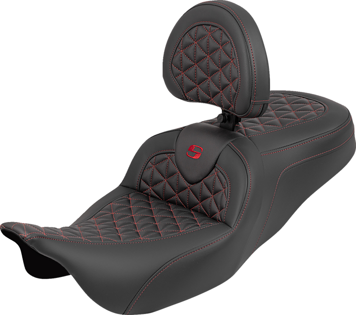 Saddlemen Roadsofa Tri Gripper Seat - Standard Reach - Red Stitch - W/ Backrest - Flh/Flt '08-'25 808-07B-210B4