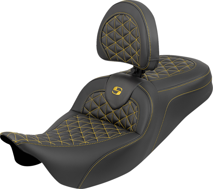 Saddlemen Roadsofa Tri Gripper Seat - Standard Reach - Gold Stitch - W/ Backrest - Flh/Flt '08-'25 808-07B-210B7