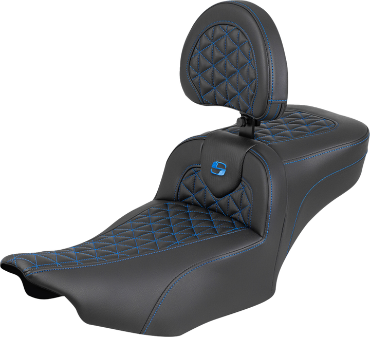 Saddlemen Roadsofa Extended Reach Seat - With Backrest - Blue Stitch - Flh/Flt '23-'25 823-07-211B1