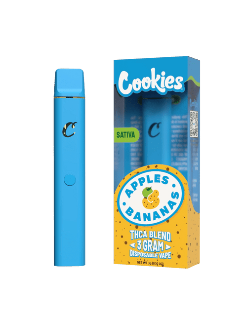 Cookies brand disposable vape pen next to the same pen inside the product packaging.