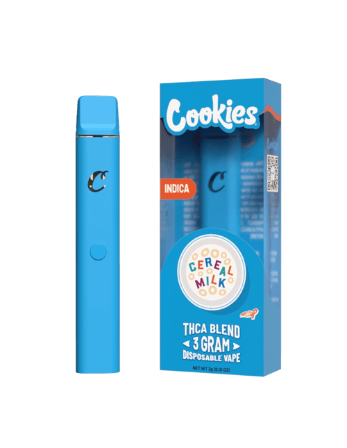 Cookies brand disposable vape pen next to the same pen inside the product packaging. Packaging has stylized artwork of letters in a bowl of milk spelling out "Cereal Milk".