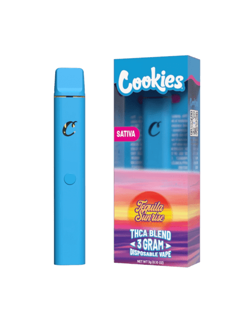 Cookies brand disposable vape pen next to the same pen inside the product packaging. Packaging has stylized sunrise artwork.