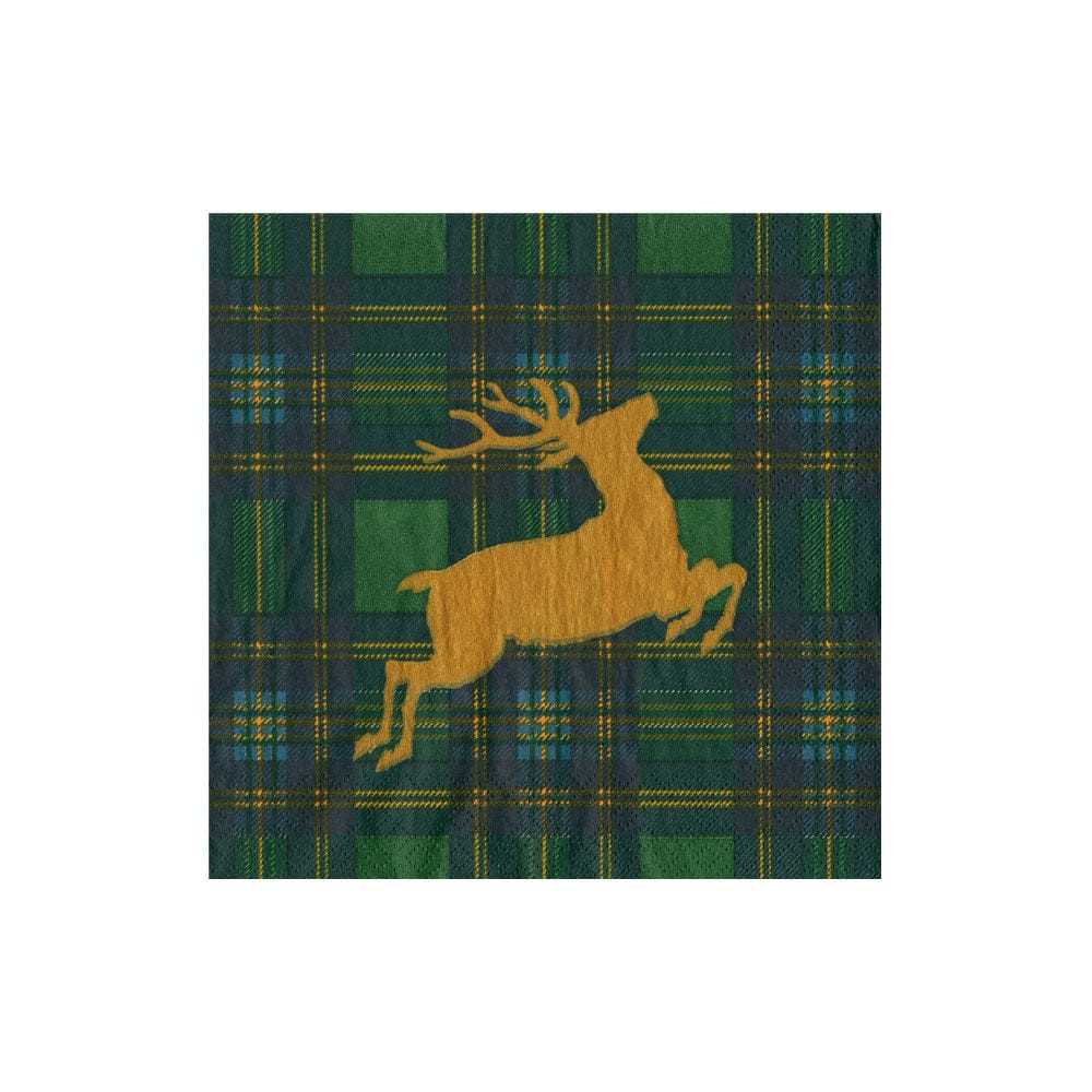 Caspari Reindeer Tartan Cocktail Napkins