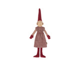 Maileg climbing pixy doll in red checkered dress and pointy hat.