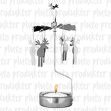 Polished silver metal rotary candle holder with hanging moose charms and a lit tealight.