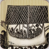 Black and white Viking ship trivet with a cork backing; composite top; artwork by Heidi Lange.
