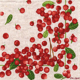 Napkin with scattered red lingonberries and green leaves, on a light beige linen-like background.
