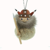 Wooden Viking ornament with brown horned helmet, fluffy grey fur beard, and tan felt body, holding a spear.