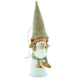 A wooden felt gnome sitter with tall grey hat holding a white lamb.
