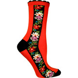 Red sock with black heel and toe, floral stripe down the side.