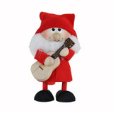 Wooden Tomte figure in a red hat and coat, holding a small wooden guitar.