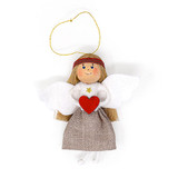 Wooden angel ornament with felt wings, gray skirt, red heart, and gold hanging loop.