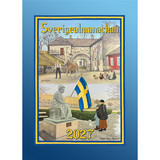 Sverigealmanackan 2027 calendar cover featuring Erkers Marie Persson folk art of Swedish farm and city scenes.
