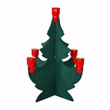 Green wooden Christmas tree candleholder with five red candle cups on a white background.