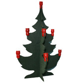 Dark green wooden Christmas tree candleholder with seven red candle cups.