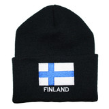 Black knit winter cap featuring an embroidered flag of Finland and the word FINLAND below it.