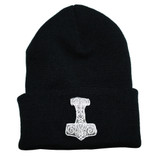 Black knit beanie with embroidered white Thor's hammer design