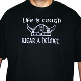 Black t-shirt with white text and Viking helmet graphic