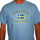 Light blue t-shirt with "Sweden Since 1523" and Swedish flag graphic.