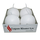 White ball candles in a cardboard box, four candles, white wax, made in Denmark.