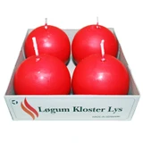 Four red spherical ball candles with white wicks in a white branded cardboard box.