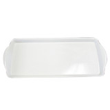 White melamine cake tray, rectangular with rounded handles. High-gloss finish.