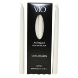 Two white taper candles flank a vertical black VIO box of ten candles.