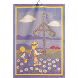 Woven blue cotton tea towel featuring a Swedish Maypole, children, and wildflowers.