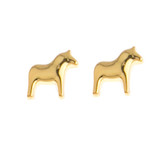 Gold stud earrings shaped like 3D Dala horses, shown against a plain white background.
