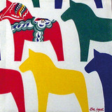 White paper napkins with colorful Dala horse pattern in red, yellow, green, and blue.