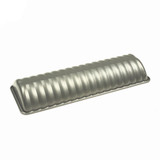 Silver, ridged almond cake pan, rectangular shape, angled view, aluminized steel.
