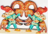 Two Santas carrying wrapped gifts flank a central Yule goat decoration in red and gold.