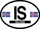 Oval car decal with bold black "IS" and "ÍSLAND", flanked by two Iceland flags.