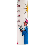 White advent candle with illustrations of a star and a wise man in blue and pink.