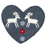 Dark gray felt heart-shaped trivet featuring two white reindeer and three embroidered flower accents.