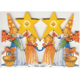 Paper cutout of Lucia attendants with stars and baskets.