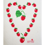 White Swedish dishcloth with a red raspberry heart motif and green leaves.