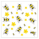 Pattern of illustrated yellow and black honeybees and yellow flowers on white.