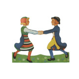 Vintage Swedish paper cutout of a boy and girl in traditional folk costume dancing.