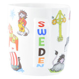 White ceramic mug featuring colorful Swedish motifs like a Dala horse, troll, and Viking ship.