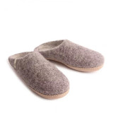 Grey wool felt slippers with suede soles shown from a high angle.