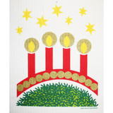 White Swedish dishcloth with red advent candles, gold glitter accents, green pine boughs, and yellow stars.