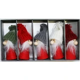 Five Varme Gift Nordic gnome ornaments in a box, red bodies, knit hats in green, red, gray, white, red