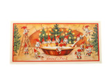 Horizontal Swedish Christmas poster featuring a large bowl of porridge surrounded by mischievous gnomes in red caps.