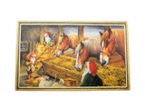 Vintage "Stable Keepers" poster by Erik Forsman in wooden frame, depicting gnomes and horses in a stable.
