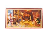 Horizontal Swedish art print featuring tomten and horses in a warm barn scene.