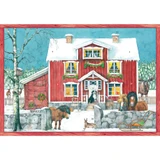 Red Nordic farmhouse advent calendar with animals in snow by birch tree.