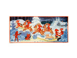 Vintage Christmas poster featuring red-suited tomtes and straw goats in a snowy night landscape.