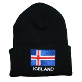 Black knit winter beanie with an embroidered Iceland flag patch and white "ICELAND" text.